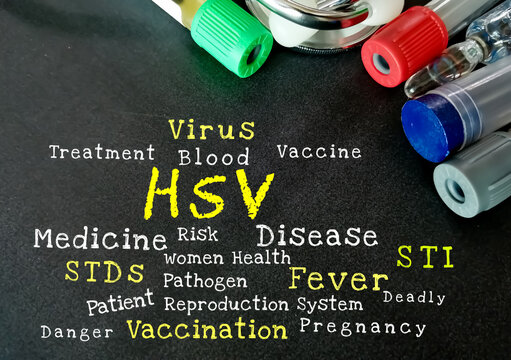 HSV (Herpers symplex virus) medical term on black background with medical equipements.