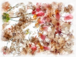 Bouquet of white and pink flowers on the tree watercolor style illustration impressionist painting.