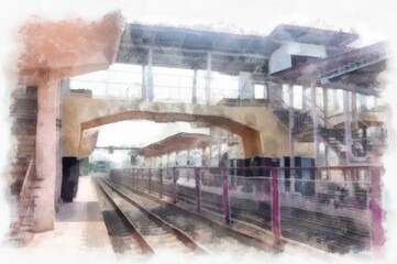 train station in thailand watercolor style illustration impressionist painting.