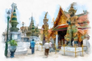 Ancient architecture of Thailand watercolor style illustration impressionist painting.