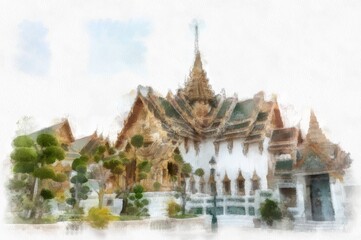 Fototapeta premium The Grand Palace Bangkok Thailand watercolor style illustration impressionist painting.