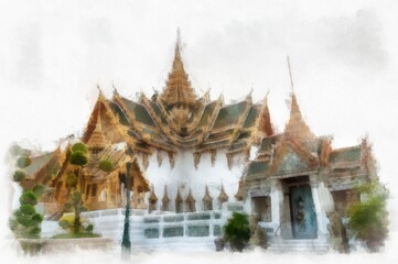 Fototapeta premium The Grand Palace Bangkok Thailand watercolor style illustration impressionist painting.