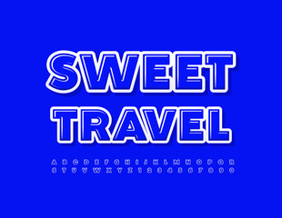 Vector concept sign Sweet Travel. Blue modern Font. Glossy Alphabet Letters and Number set