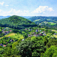 Beautiful landscape painting art in big size. Nature scene drawing artwork. Illustration for design digital or print work - poster, postcard, canvas, paper and else touristic production.