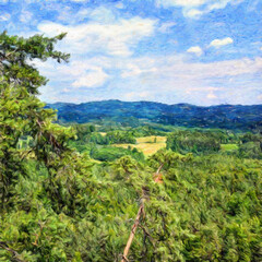 Fototapeta premium Beautiful landscape painting art in big size. Nature scene drawing artwork. Illustration for design digital or print work - poster, postcard, canvas, paper and else touristic production.
