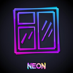 Glowing neon line Window in room icon isolated on black background. Vector