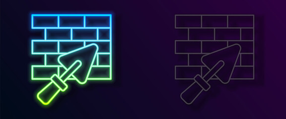 Glowing neon line Brick wall with trowel icon isolated on black background. Vector