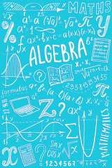 Maths symbols icon set. Algebra or mathematics subject cover doodle design. Education and study concept. Back to school sketchy background for notebook, not pad, sketchbook. Hand drawn illustration. - 470460241
