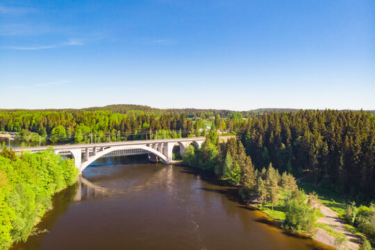 Summer aerial view of bridge and Kymijoki river waters in Finland, Kymenlaakso, Kouvola, Koria