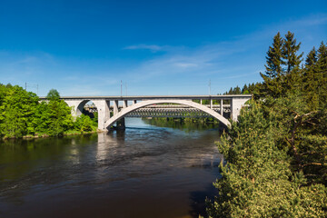 Fototapeta na wymiar Summer aerial view of bridge and Kymijoki river waters in Finland, Kymenlaakso, Kouvola, Koria
