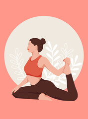 A girl in sportswear is engaged in yoga. Vector illustration with plant elements. 