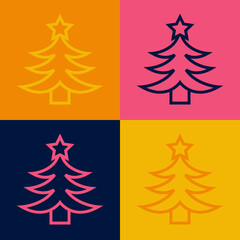 Pop art line Christmas tree icon isolated on color background. Merry Christmas and Happy New Year. Vector