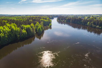 Summer aerial view of Kymijoki river waters in Finland, Kymenlaakso, Kouvola, Koria