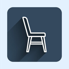 White line Chair icon isolated with long shadow background. Blue square button. Vector