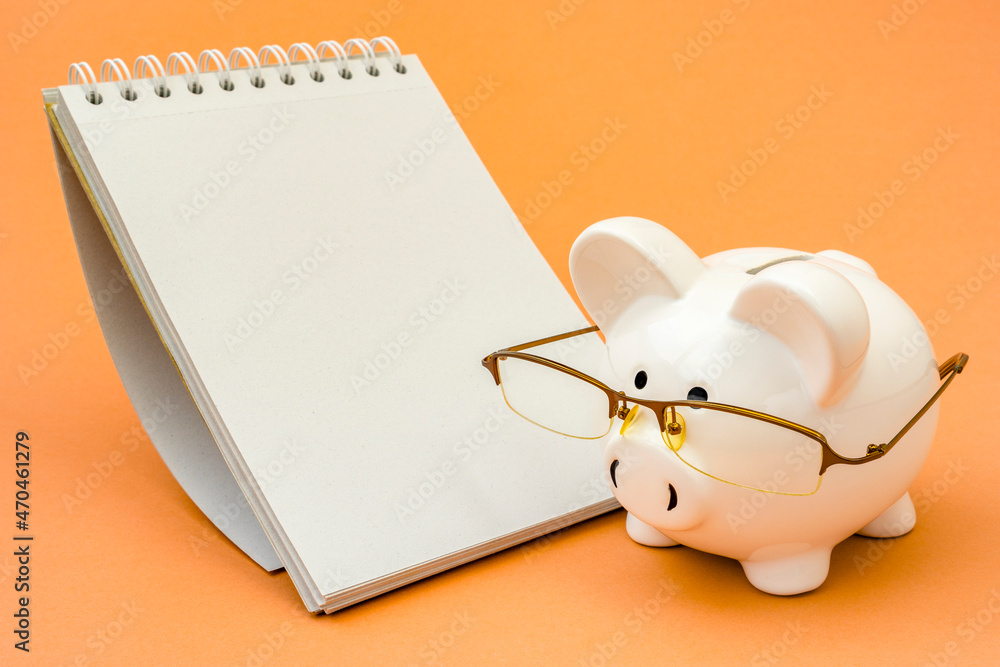 Wall mural Piggy bank wearing glasses standing next to spiral notebook