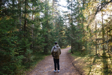 A man traveler walks through the woods. Beautiful wild nature landscape in forest. Hiking journey on tourist trail. Outdoor adventure. Travel and exploration. Healthy lifestyle, leisure activities