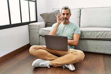Middle age hispanic man using laptop sitting on the floor at the living room mouth and lips shut as...