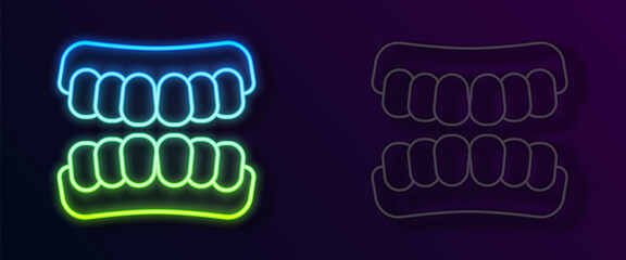 Glowing neon line Dentures model icon isolated on black background. Teeth of the upper jaw. Dental concept. Vector - obrazy, fototapety, plakaty