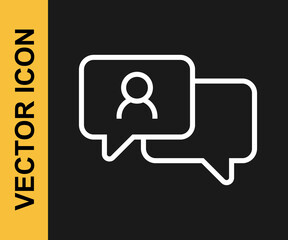 White line Speech bubble chat icon isolated on black background. Message icon. Communication or comment chat symbol. Vector