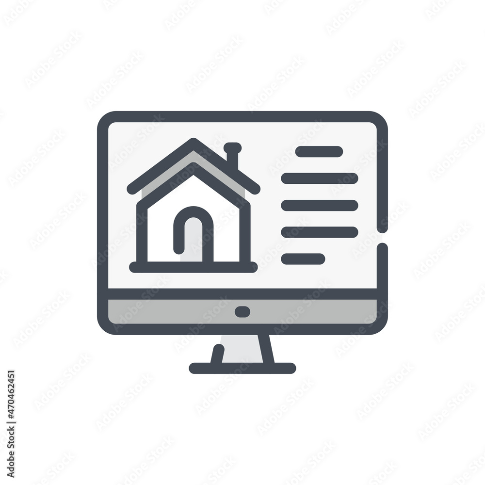 Poster search for real estate on the internet color line icon. computer with house website vector outline c