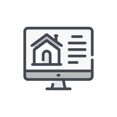 Search for real estate on the Internet color line icon. Computer with house website vector outline colorful sign.
