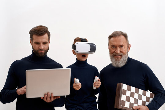 Three generations of men relax with different activities