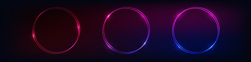 Set of neon double frames with shining effects