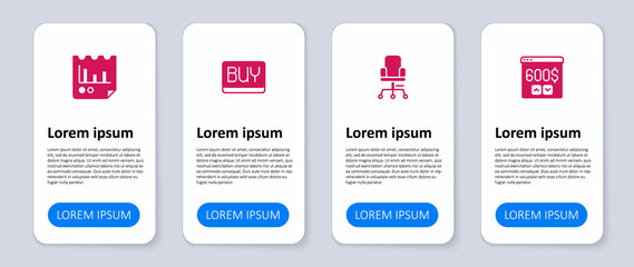 Set Monitor with dollar, Office chair, Buy button and Document graph chart. Business infographic template. Vector