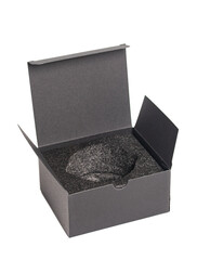 Black open cardboard box isolated on a white background