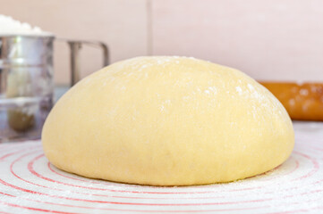 Raw yeast dough on a special silicone baking mat for rolling dough on the kitchen table. Preparation of dough for pizza, pie, baking and other bakery products. The concept of home baking.