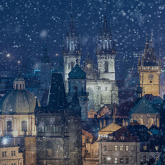 Fototapeta na wymiar Amazing Aerial view of Prague landmarks at winter snowy night, Czeh