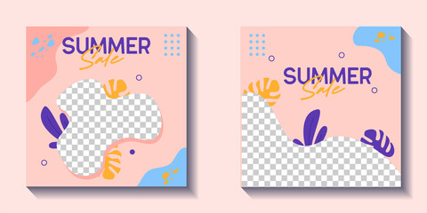 set of Summer Sale banner, hot season sale poster with leaves. Invitation for shopping. special offer card, template for design template