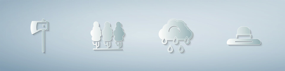 Set Wooden axe, Fruit trees, Cloud with rain and Farmer worker hat. Paper art style. Vector