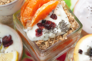 Yoghurt mixed fruit put on background,