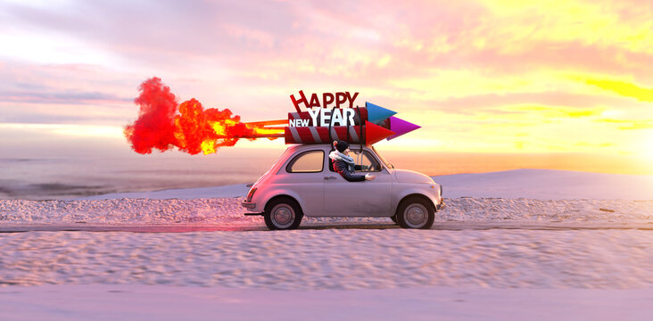 Frau f&auml;hrt im Silvester Auto mit Raketenantrieb Richtung Sonnenaufgang