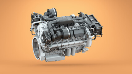 Fototapeta premium Diesel engine. Heavy duty turbo diesel engine. Orange background. 3d render 