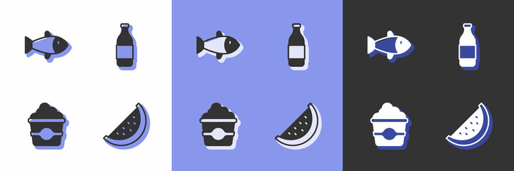 Set Watermelon, Fish, Popcorn in cardboard box and Bottle of wine icon. Vector