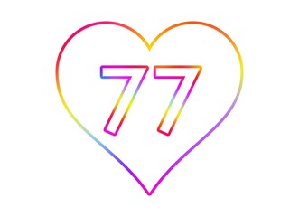 Number 77 into a white heart with rainbow color outline.