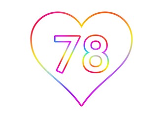 Fototapeta premium Number 78 into a white heart with rainbow color outline.