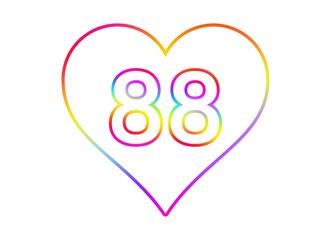 Number 88 into a white heart with rainbow color outline.