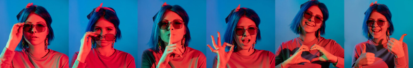 Neon face collage. Gesture composition. Human expression. Different emotion woman portraits in red light isolated on blue background set of 6.