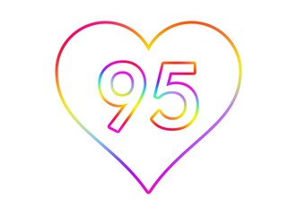 Number 95 into a white heart with rainbow color outline.