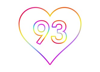 Number 93 into a white heart with rainbow color outline.