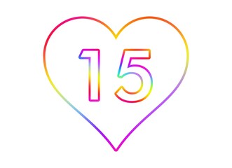 Number 15 into a white heart with rainbow color outline.