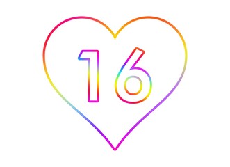 Number 16 into a white heart with rainbow color outline.