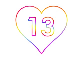 Number 13 into a white heart with rainbow color outline.