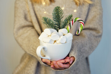 The girl holds in her hands a cup of cocoa with marshmallows and caramel canes. Hot chocolate drink and sweets. New Year and Christmas festive mood, festive home cozy decor