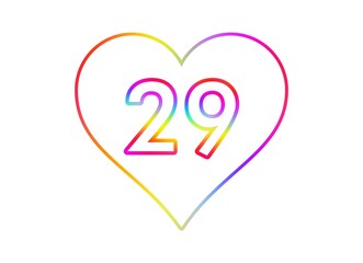 Number 29 into a white heart with rainbow color outline.