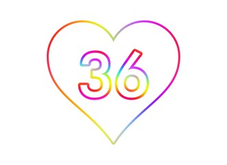Number 36 into a white heart with rainbow color outline.