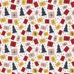 Seamless pattern with gifts and tree on a white background. Christmas pattern. Wrapping paper.